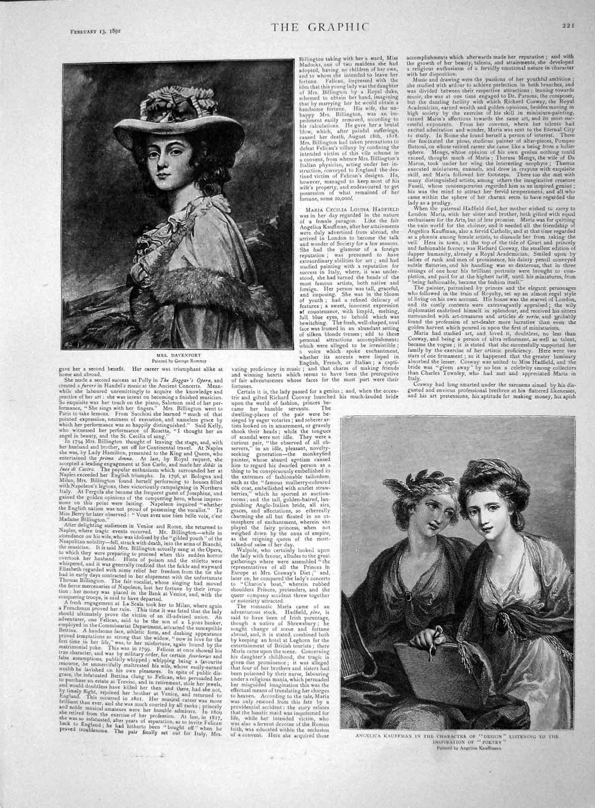 Original Old Antique Print 1892 Davenport Angelica Kauffman Ladies Poetry 19th