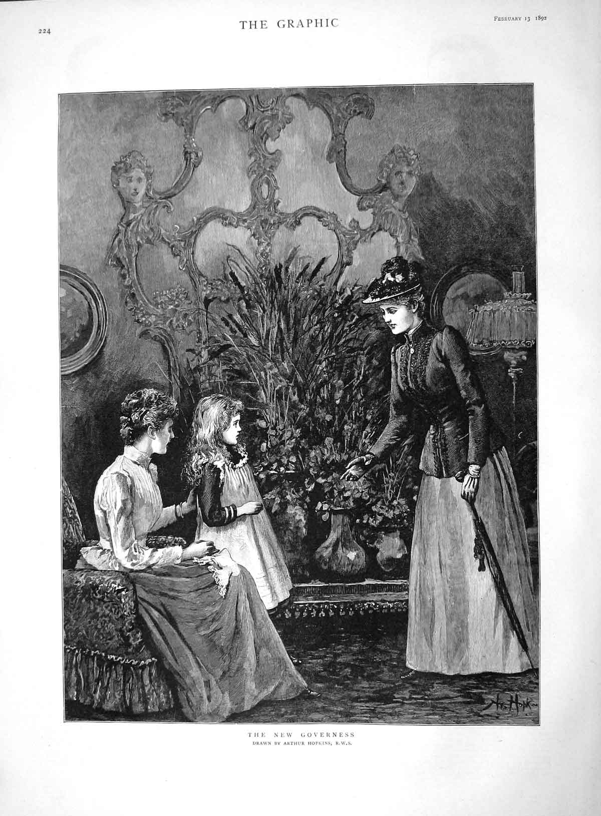 Original Old Antique Print 1892 Arthur Hopkins Fine Art Little Ladies Governess