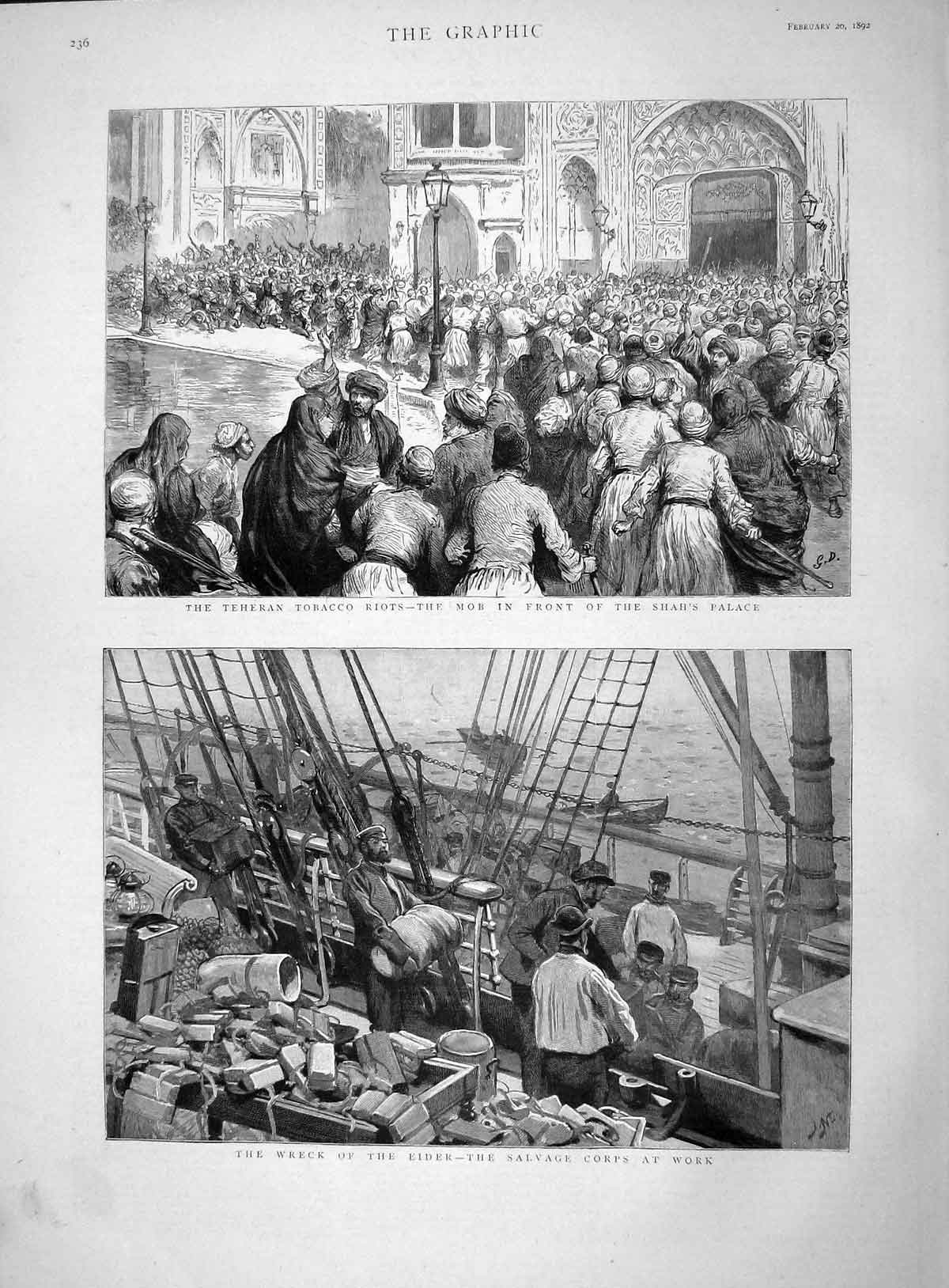 Old Antique Print 1892 Ship Wreck Eider Teheran Tobacco Riots Shah Palace 19th