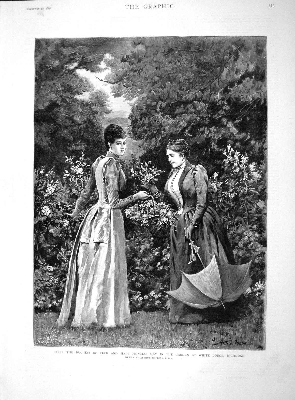 Original Old Antique Print 1892 Duchess Teck Princess May Garden Lodge R 19th