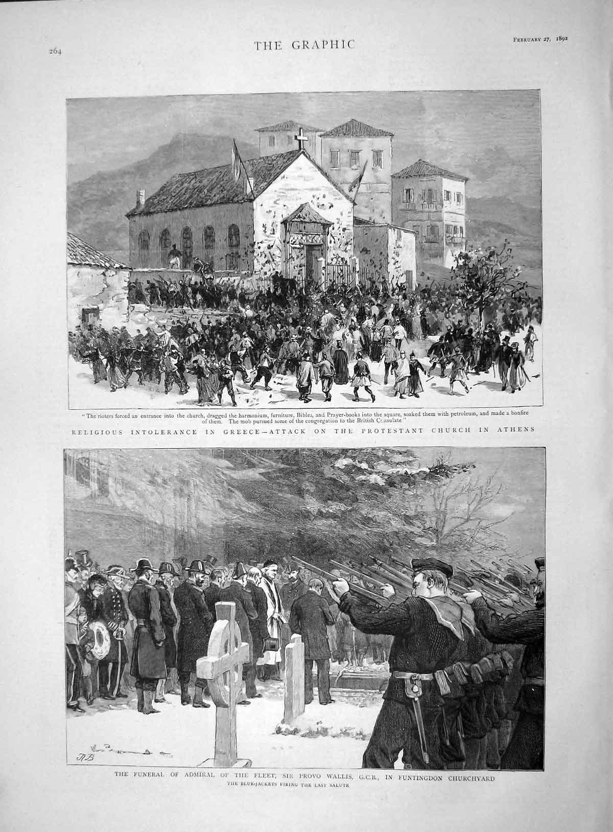 Original Old Antique Print 1892 Funeral Admiral Provo Wallis Navy Church Athens