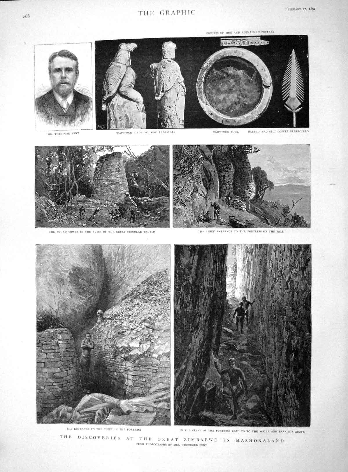 Original Old Antique Print 1892 Zimbabwe Mashonaland Theodore Bent So Victorian