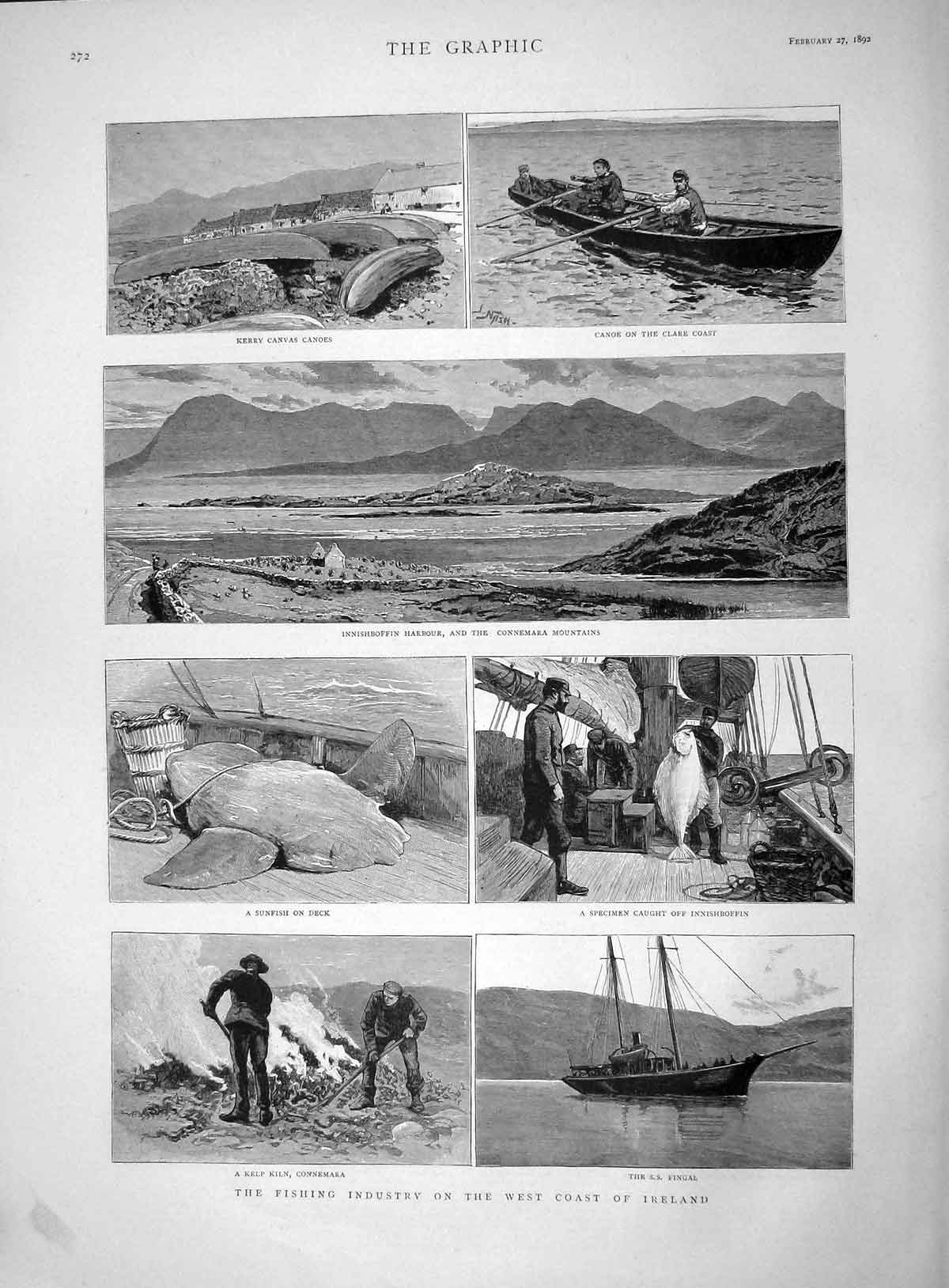 Old Antique Print 1892 Fishing Ireland Kerry Canoes Innishboffin Harbour 19th