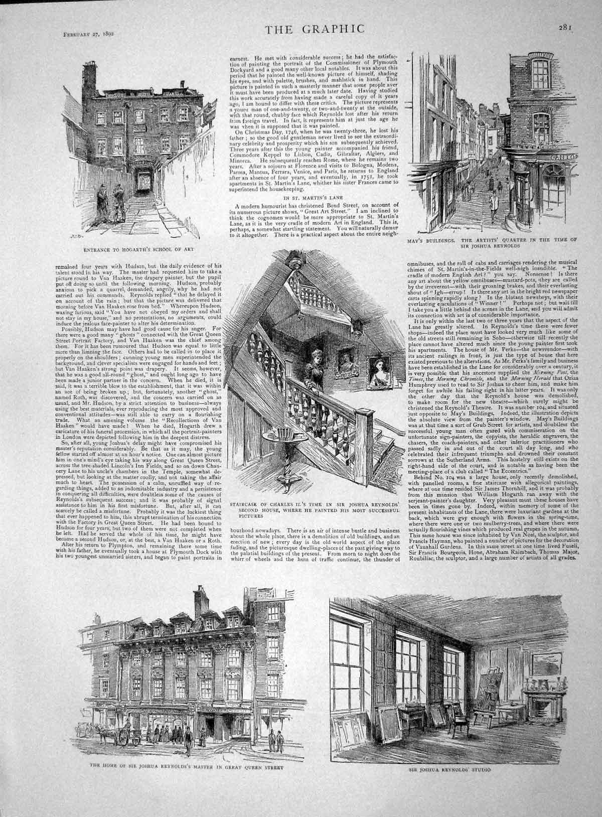 Original Old Antique Print 1892 Home Sir Joshua Reyns Studio Hogarth Sch 19th