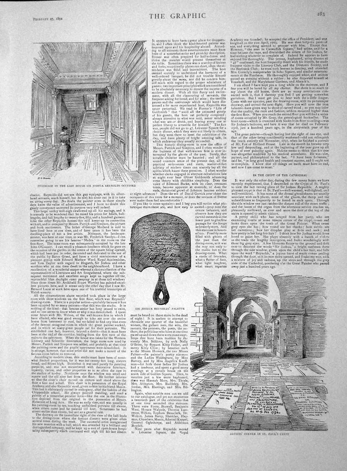 Original Old Antique Print 1892 Joshua Reyns Artists Corner Paul'S Crypt 19th