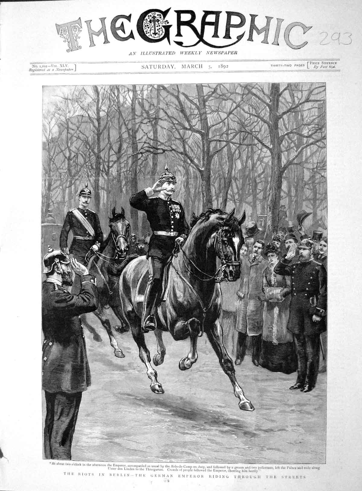 Original Old Antique Print 1892 Riots Berlin German Emperor Aide-De-Camp 19th