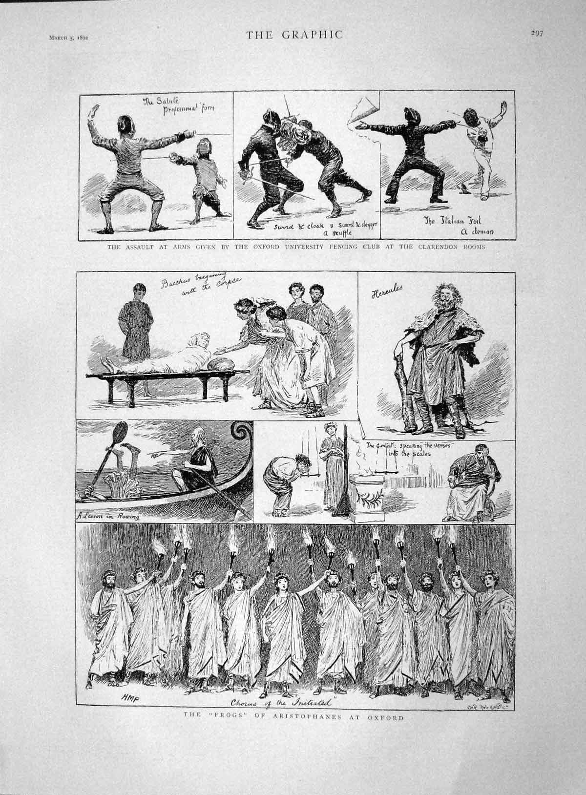 Original Old Antique Print 1892 Oxford Fencing Clarendon Frogs Aristophan 19th