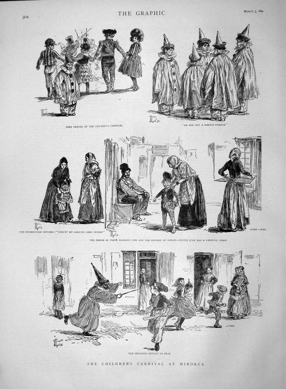 Original Old Antique Print 1892 Children'S Carnival Minorca Dresses C Victorian