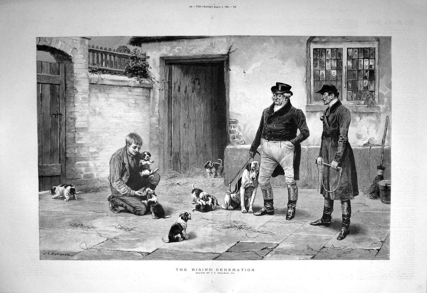 Original Old Antique Print 1892 Rising Generation Hounds Dogs Puppies Dollman