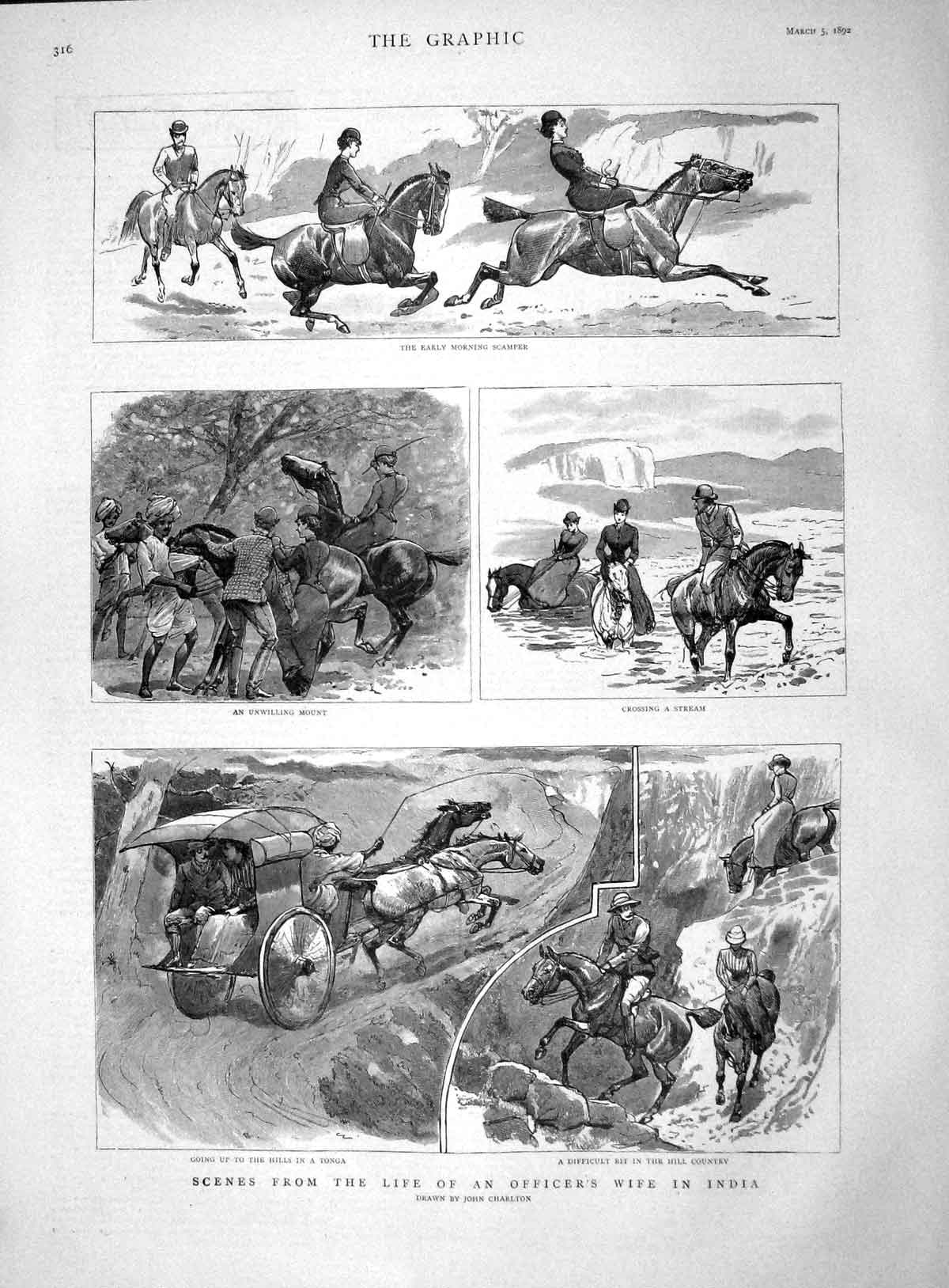 Original Old Antique Print 1892 Officers Life India Horses Tonga Mountains 19th