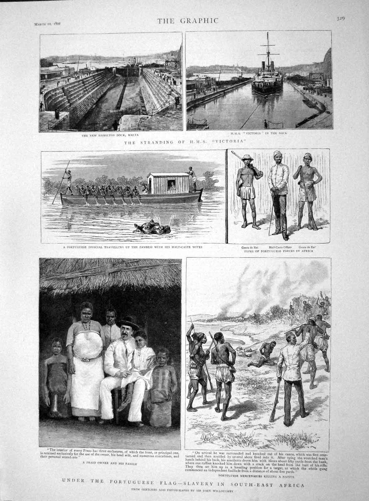 Old Antique Print 1892 Slavery South Africa Prazo Ship Victoria Zambesi 19th