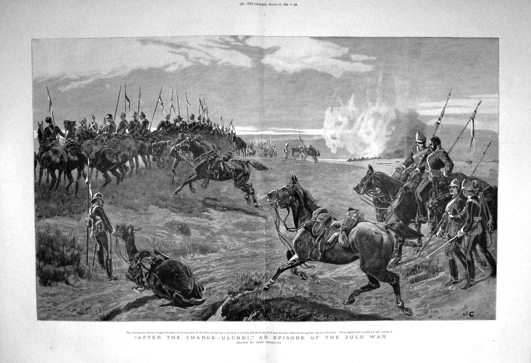 Original Old Antique Print 1892 Zulu War Ulundi Siers Battle Lancers C Victorian