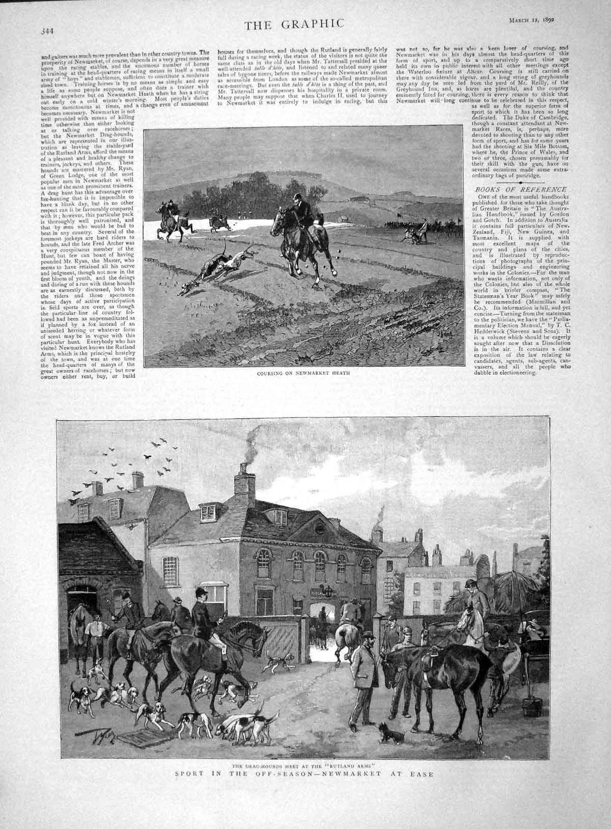 Original Old Antique Print 1892 Hare Coursing Newmarket Heath Rutland Arms Hunt