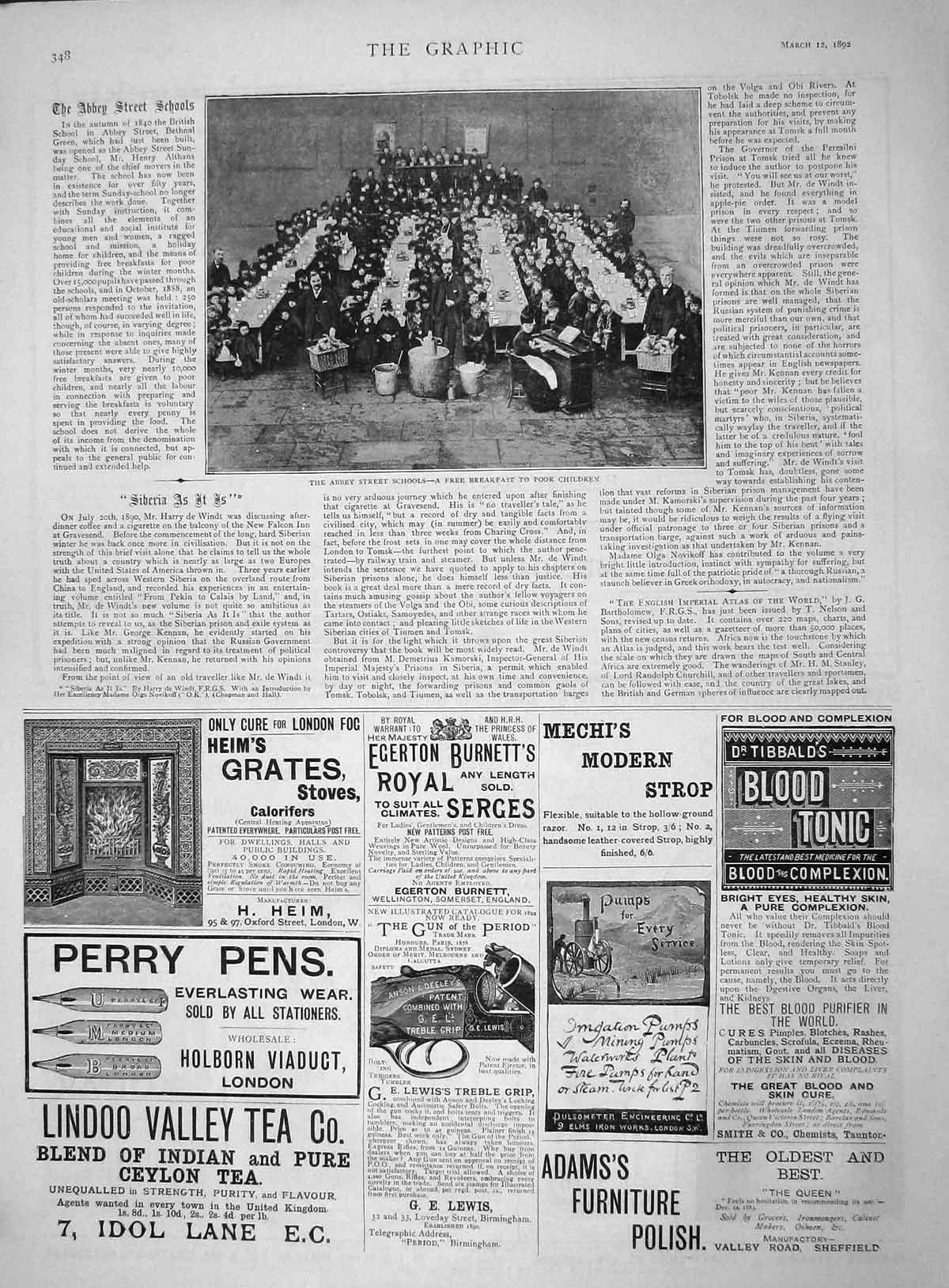 Old Antique Print 1892 Abbey Street Schools Children Breakfast Perry Pens 19th