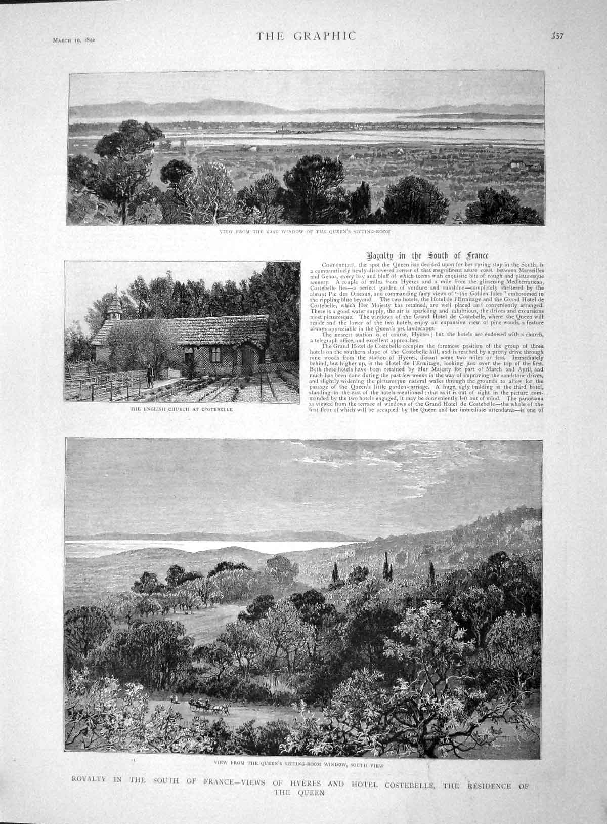 Original Old Antique Print 1892 France Church Costebelle Hyeres Queen England