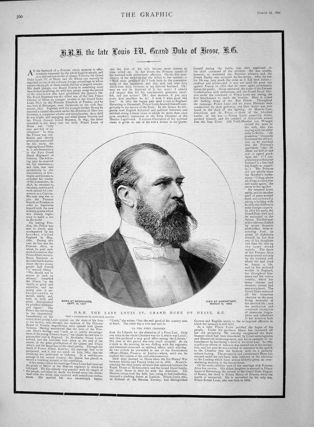 Original Old Antique Print 1892 Portrait Louis Iv Grand Duke Hesse Da Victorian