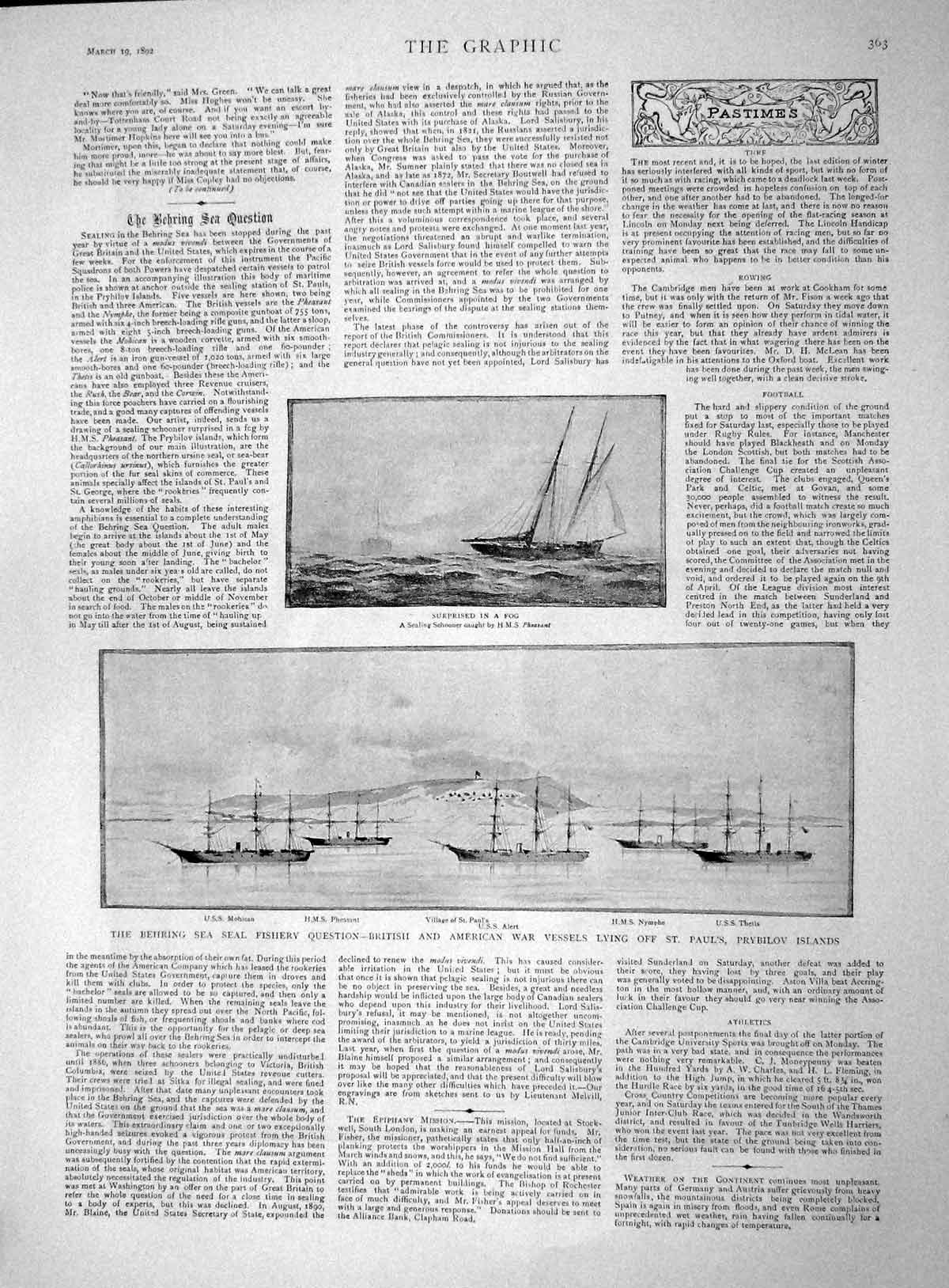 Old Antique Print 1892 Behring Fishery American Ships Thetis Alert Nymphe 19th