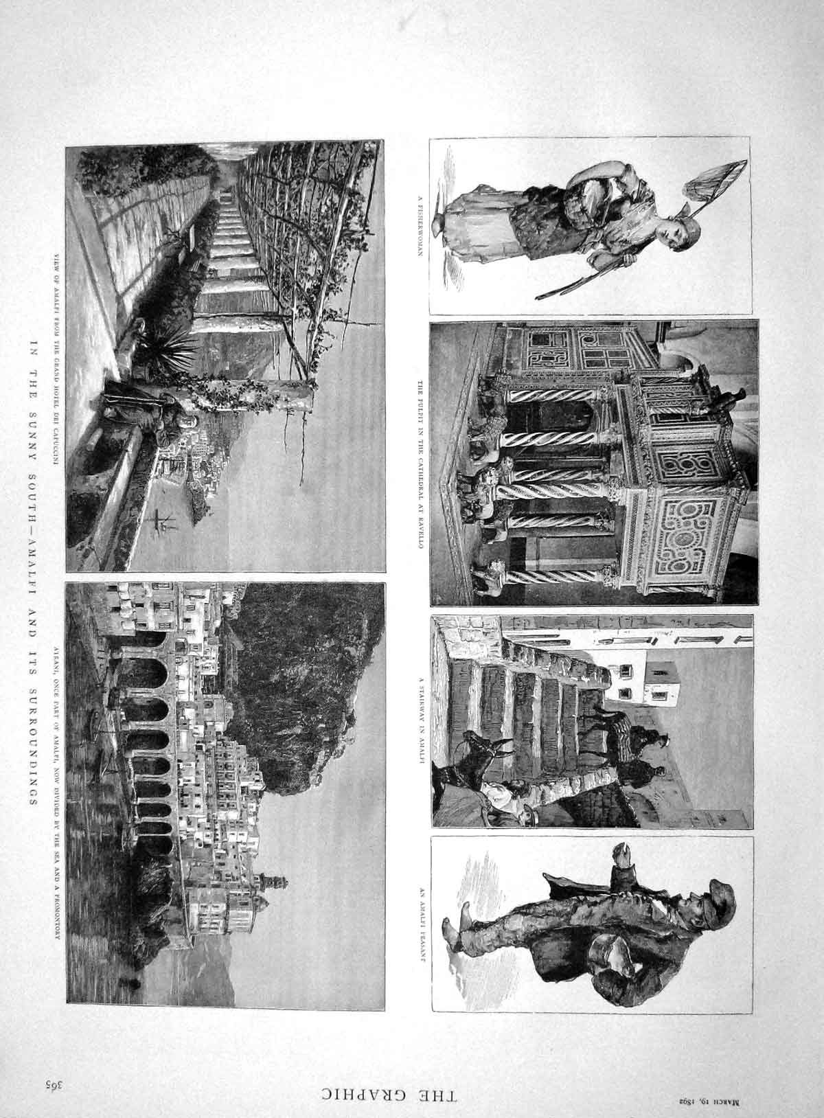 Old Antique Print 1892 Amalfi Cathedral Ravello Peasant Capuccini Hotel 19th