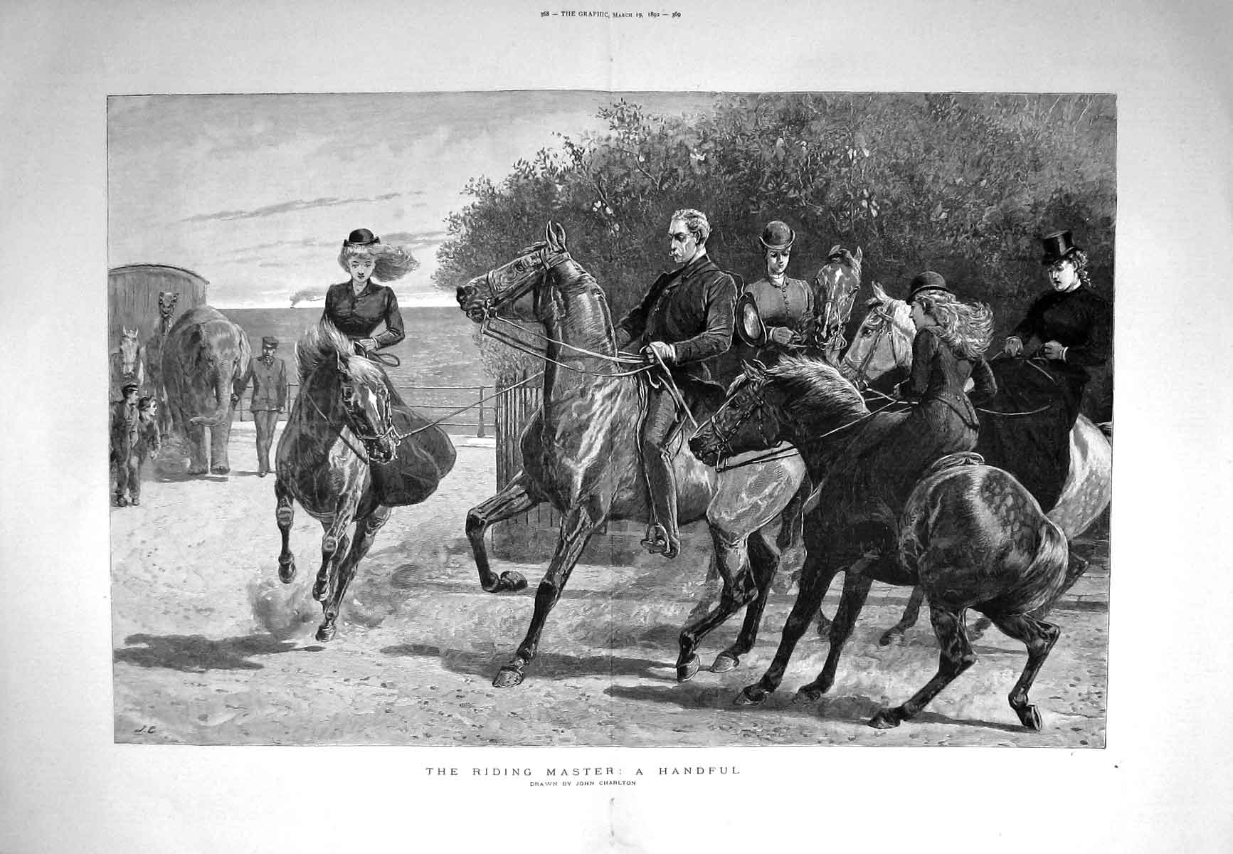 Original Old Antique Print 1892 Riding Master Handful Lady Men Horses C 19th