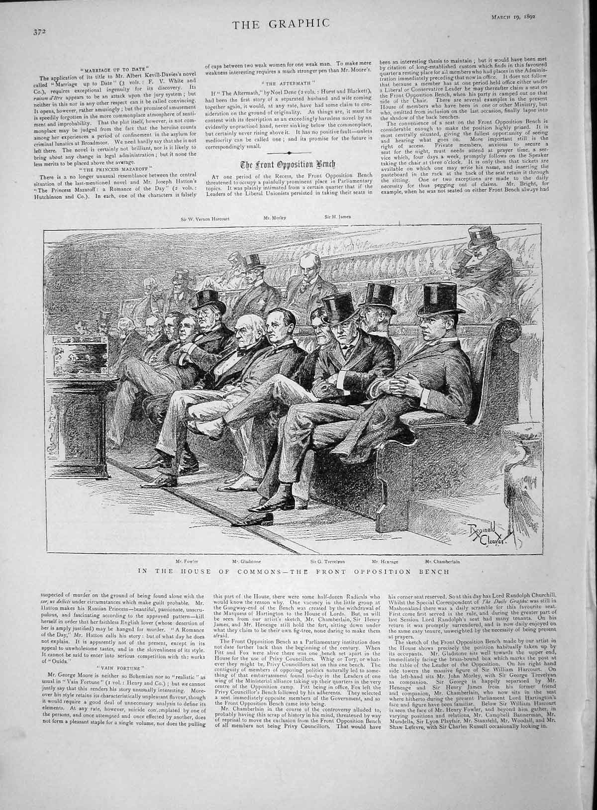 Original Old Antique Print 1892 House Commons Fowler Gladstone Trevelyan Bench