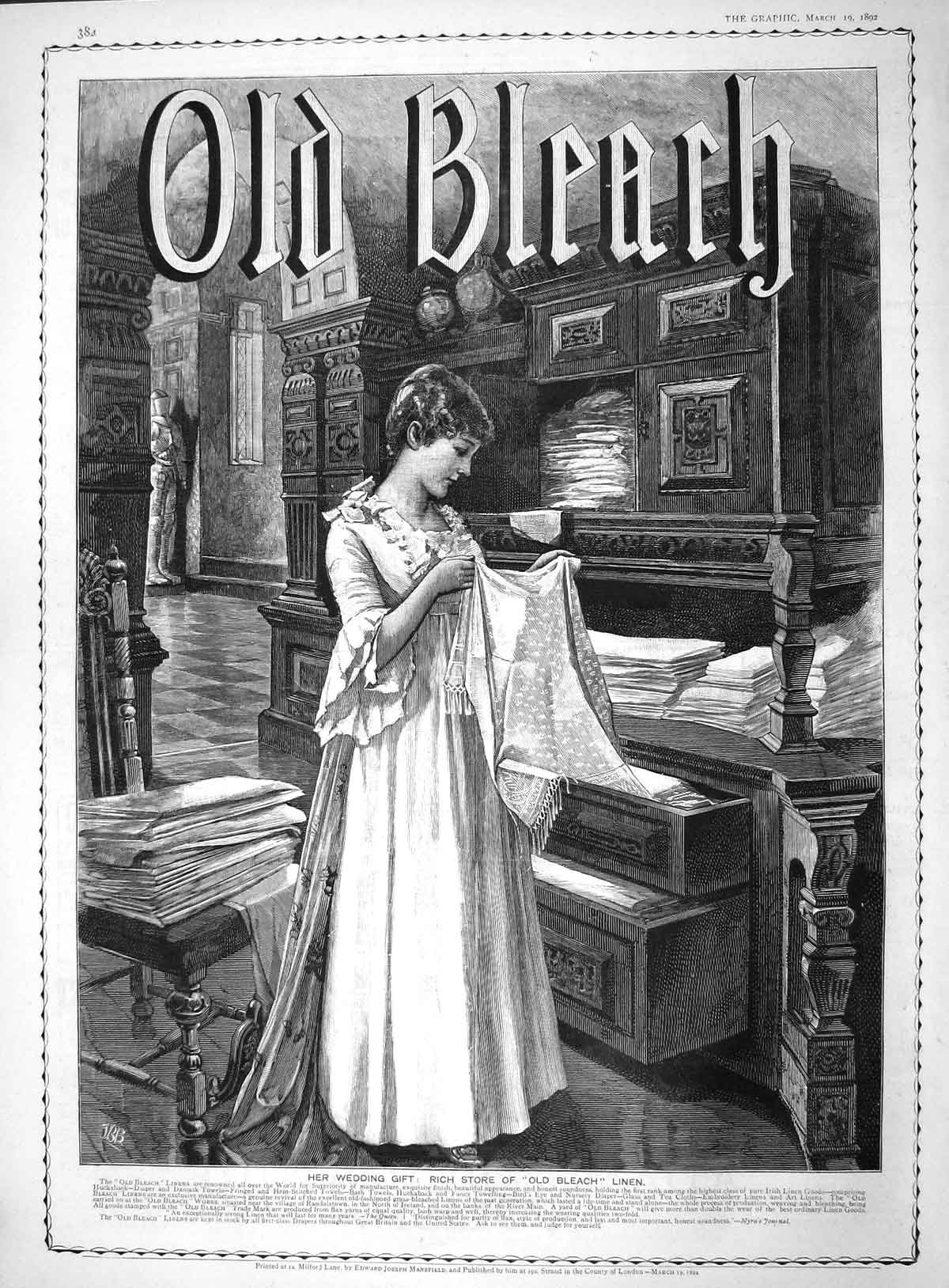 Original Old Antique Print 1892 Advertisement Bleach Irish Linen Great Britain