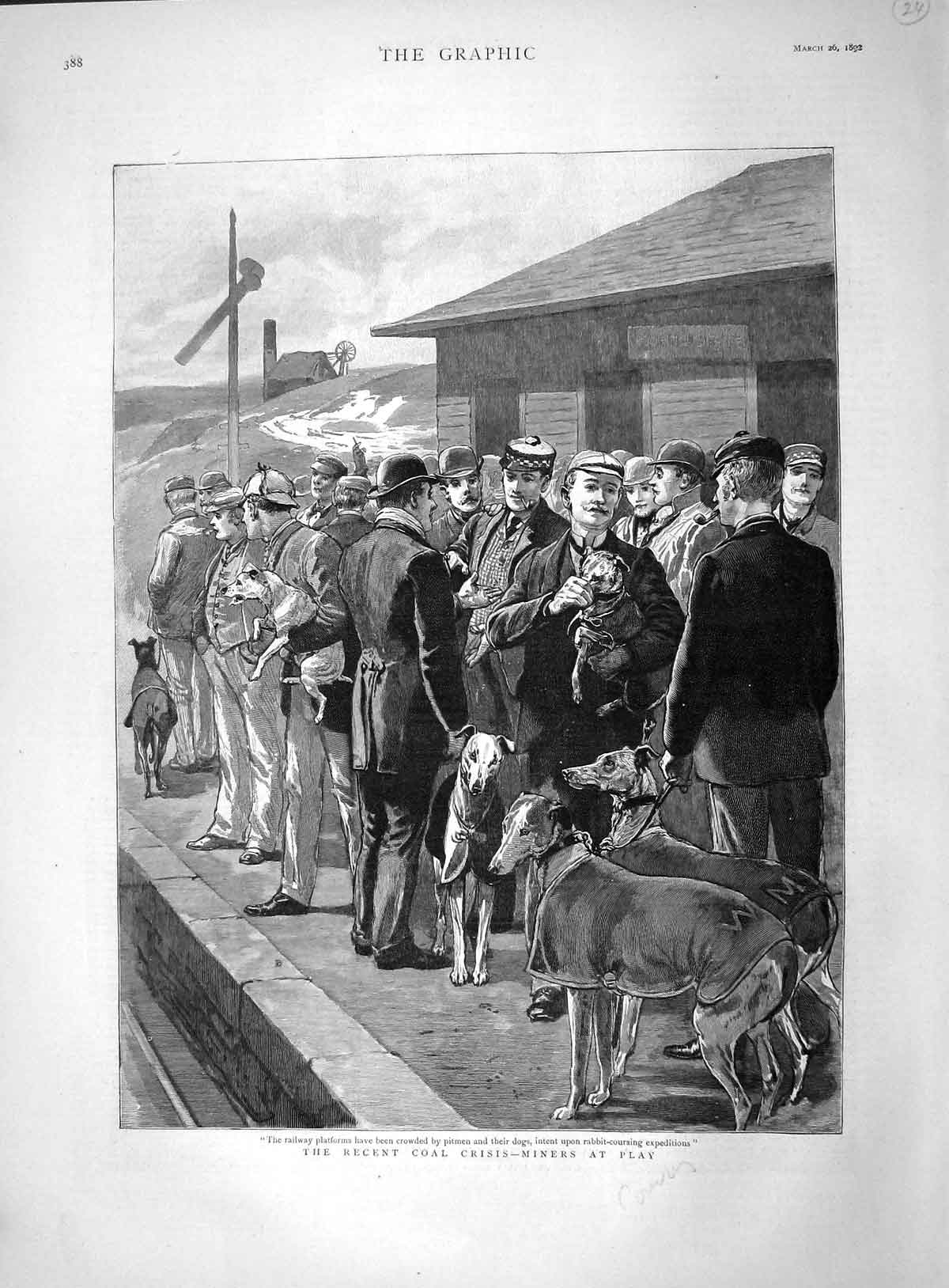 Original Old Antique Print 1892 Coal Crisis Miners Railway Platform Pitmen Dogs