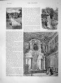 Original Old Antique Print 1892 Chatsworth Chapel Waterfall Glen 19th