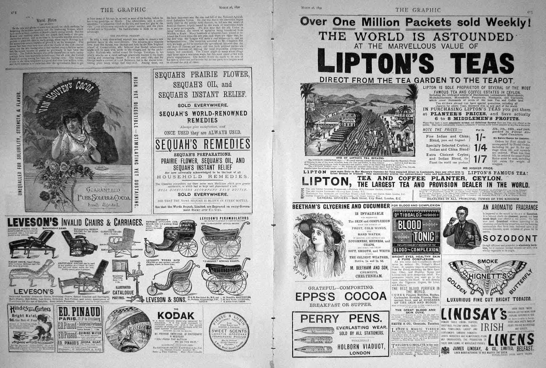 Original Old Antique Print 1892 Damaged Advertisement Lipton Tea Cocoa Tonic