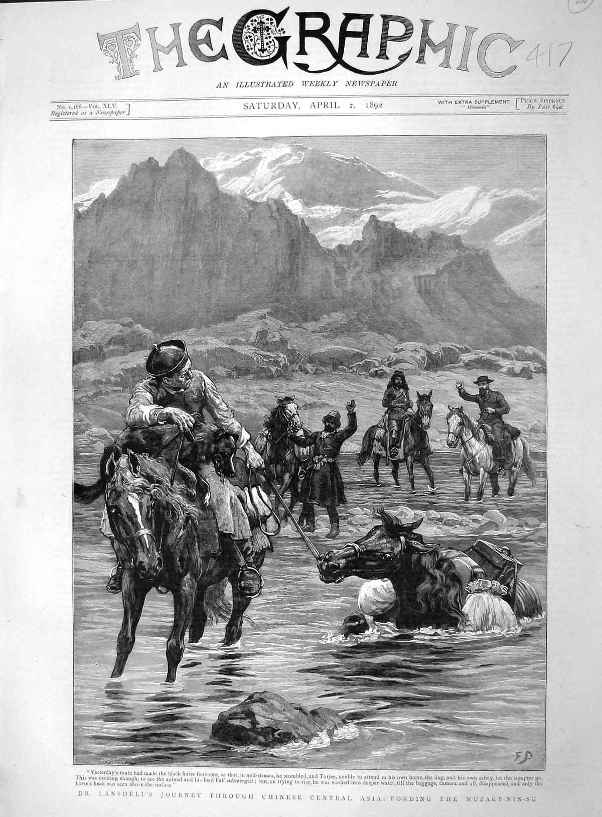 Old Antique Print 1892 Lansdell Journey Asia Muzart-Nin-Su Torjee River 19th