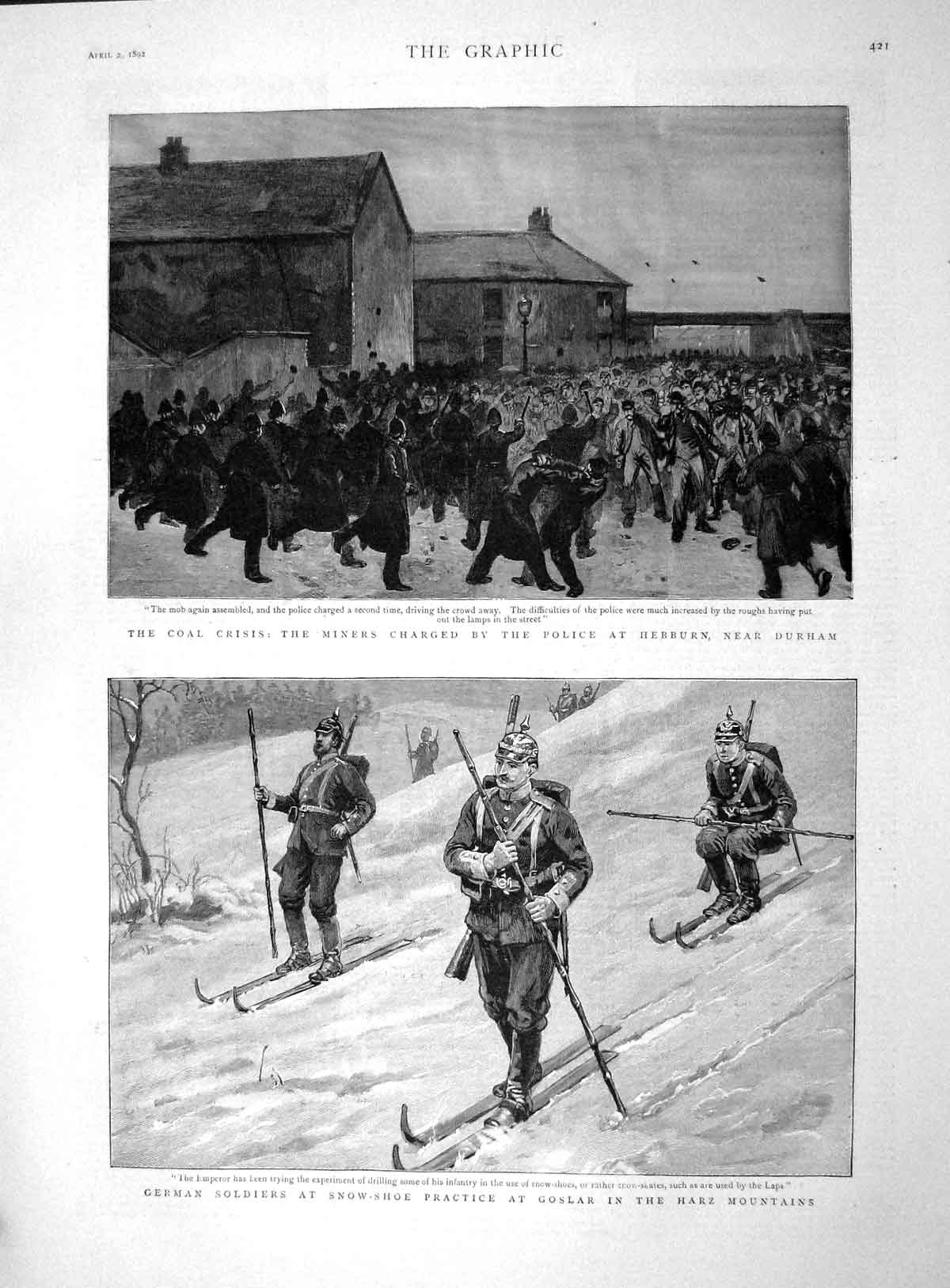 Original Old Antique Print 1892 Coal Miners Police Hebburn German Siers 19th