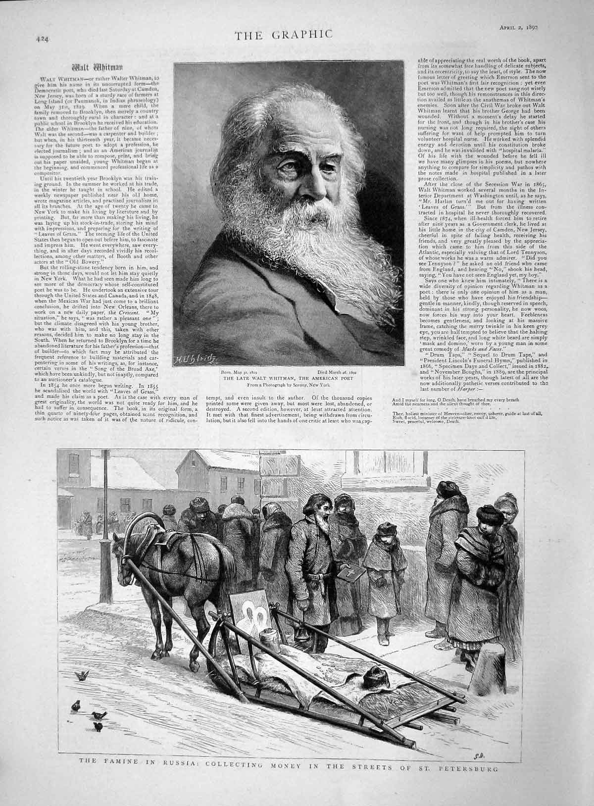 Original Old Antique Print 1892 Walt Whitman America Poet Russia Petersburg 19th