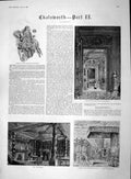 Original Old Antique Print 1892 Chatsworth Dining Room Oak Coronation Chairs