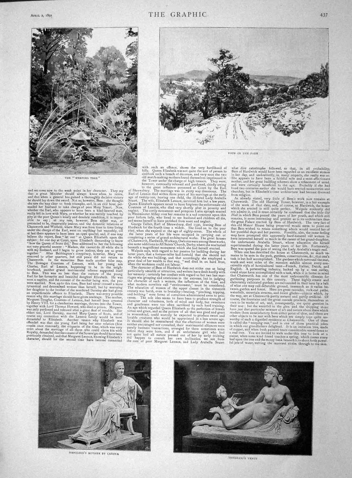 Old Antique Print 1892 Napoleon'S Mother Statue Tenerani Venus Tree Park 19th