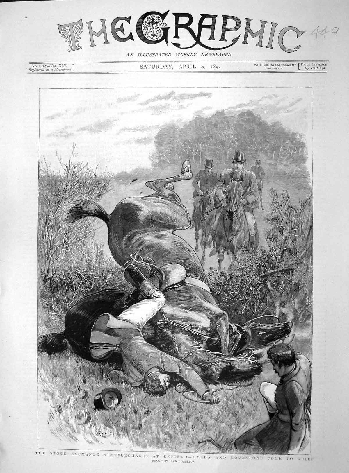 Old Antique Print 1892 Stock Exchange Steeplechase Enfield Hylda Horses 19th
