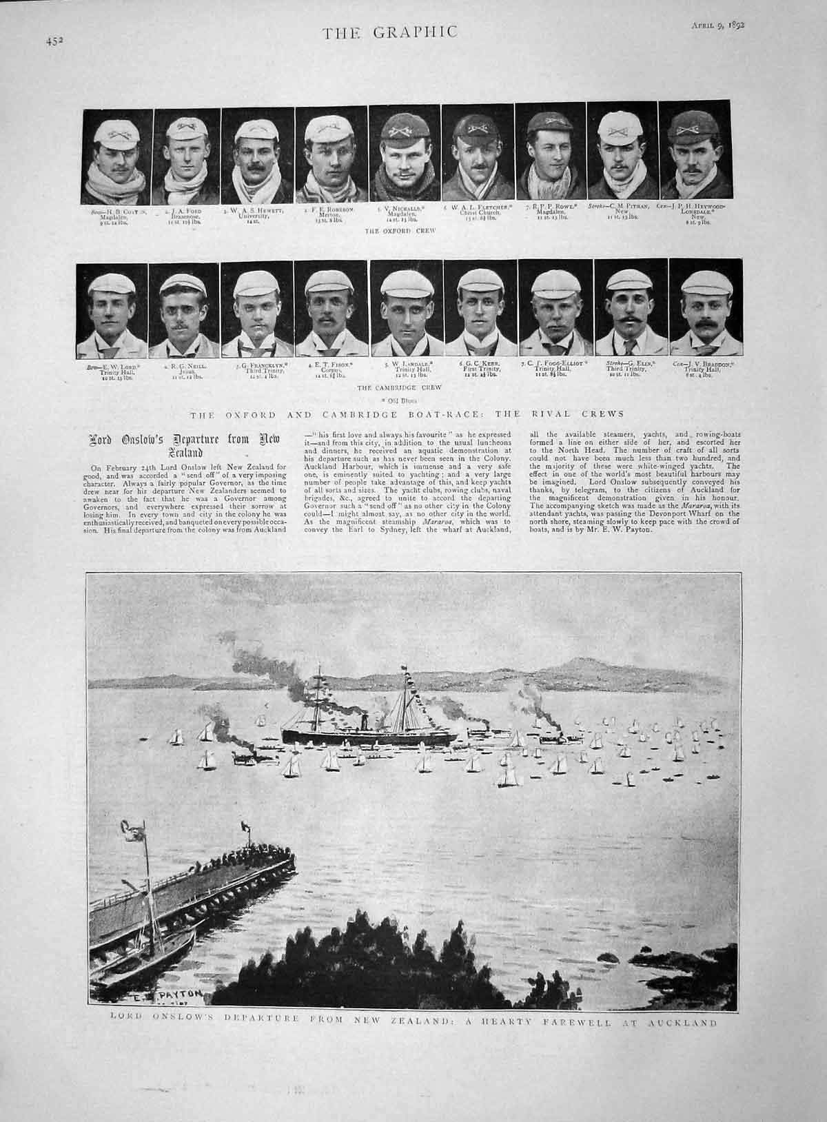 Original Old Antique Print 1892 Lord Onslow New Zealand Oxford Cambridg 19th