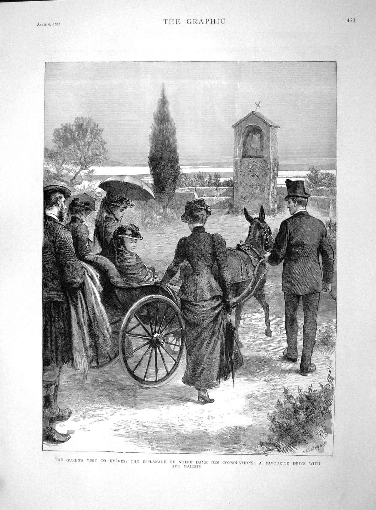 Original Old Antique Print 1892 Queen Hyeres Esplanade Notre Dame Horse Cart