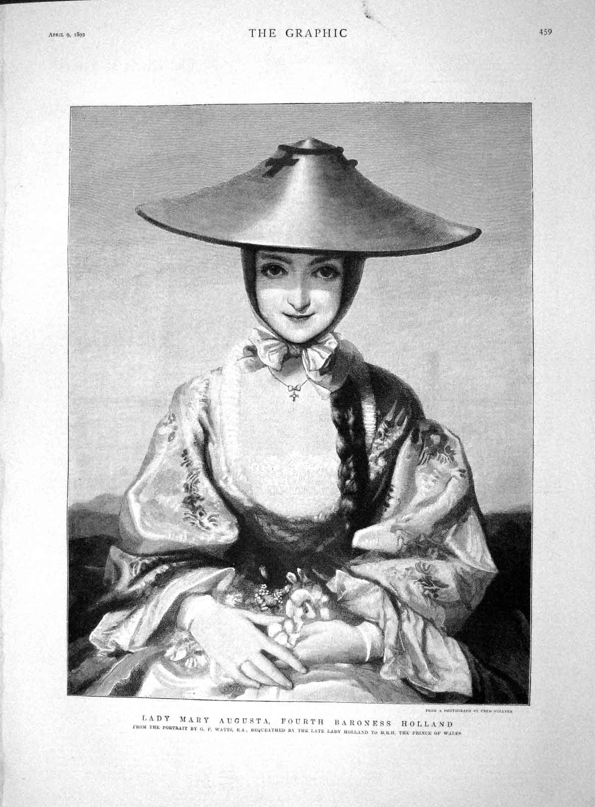 Original Old Antique Print 1892 Portrait Lady Mary Augusta Baroness Holland