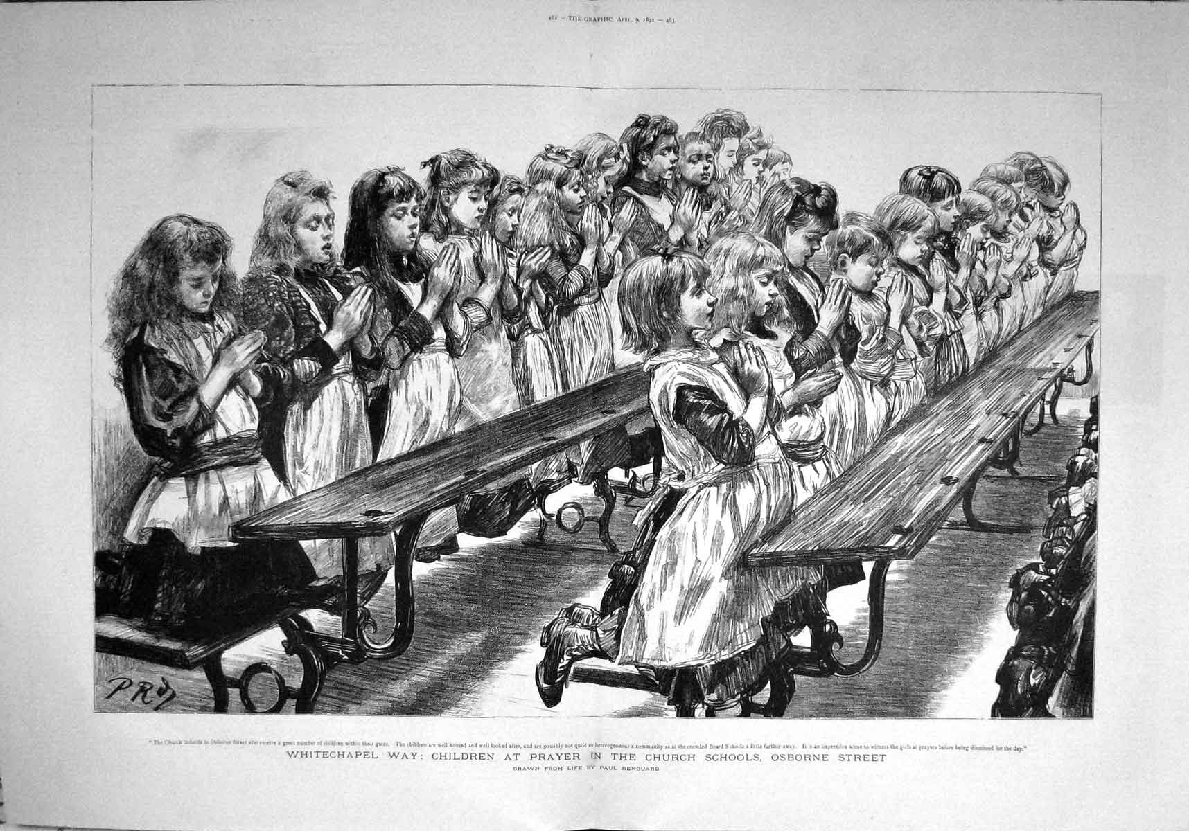 Old Antique Print 1892 Whitechapel Children Prayer Church School Osborne 19th