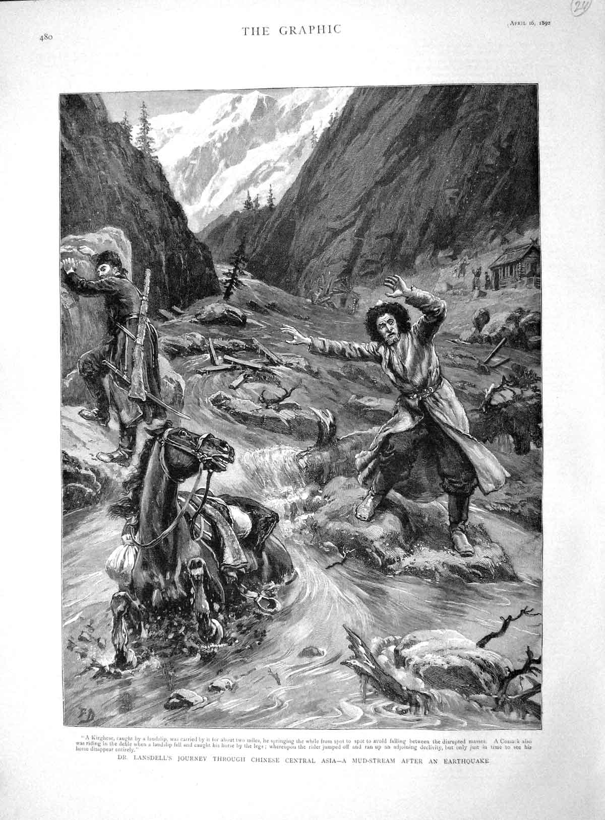 Old Antique Print 1892 Lansdell Journey Asia Earthquake Kirghese Cossack 19th