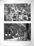 Original Old Antique Print 1892 Scene Ship Blenheim Navy Sailors Bogie Engines