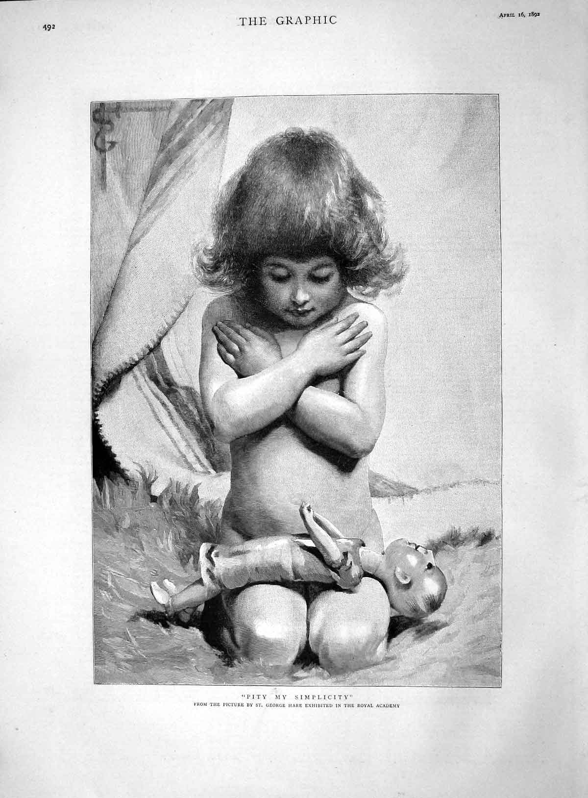 Original Old Antique Print 1892 Pity Simplicity Little Girl Doll Toy George