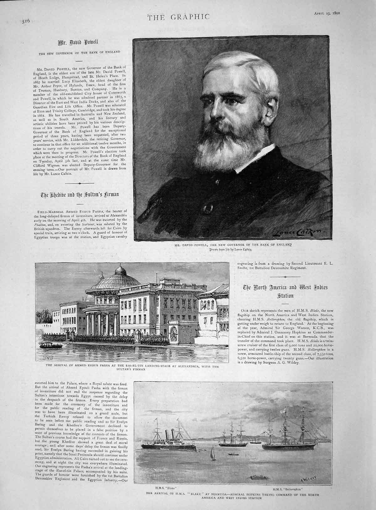 Old Antique Print 1892 David Powell Bank England Ship Blake Hopkins Ahmed 19th
