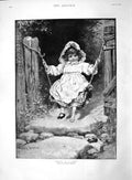 Old Antique Print 1892 Davidson Knowles Fine Art Little Girl Swing Garden 19th