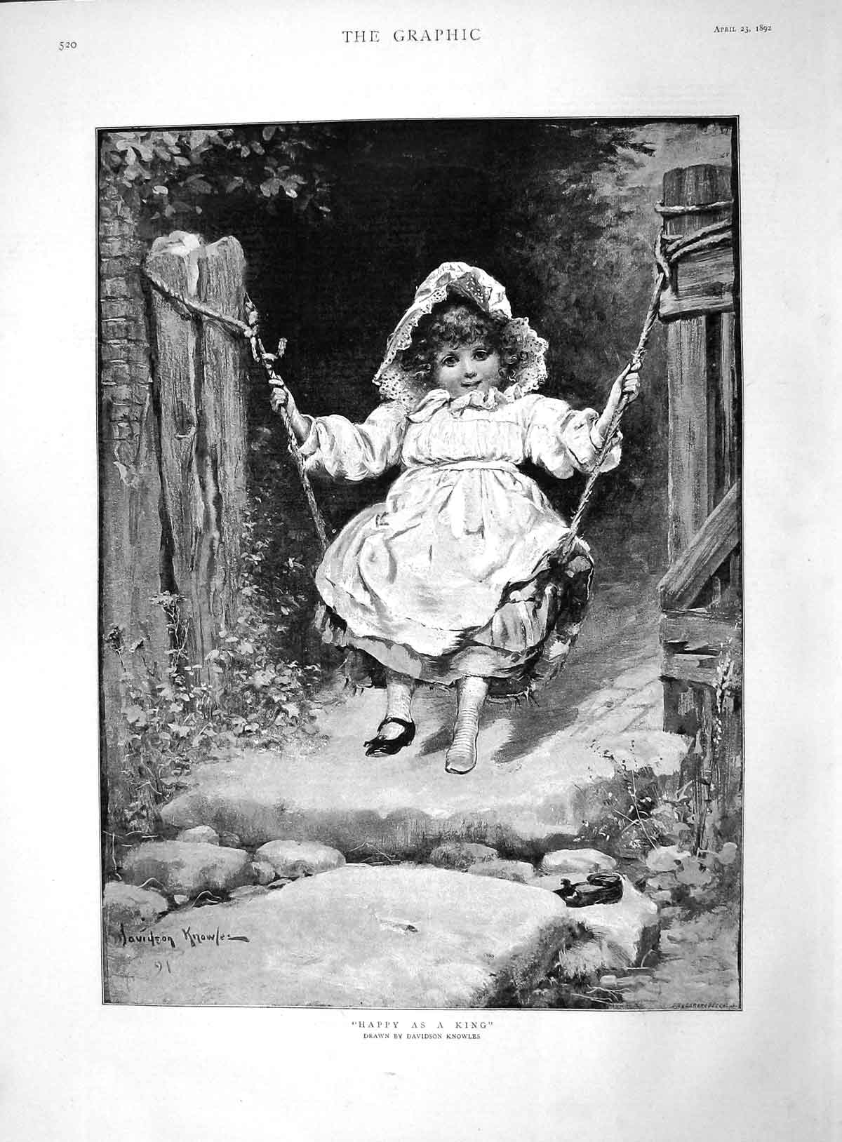 Old Antique Print 1892 Davidson Knowles Fine Art Little Girl Swing Garden 19th