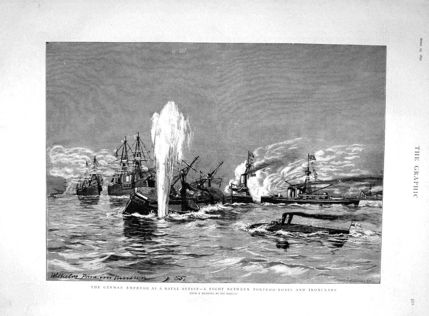 Original Old Antique Print 1892 German Emperor Art Fight Torpedo-Boats Ships