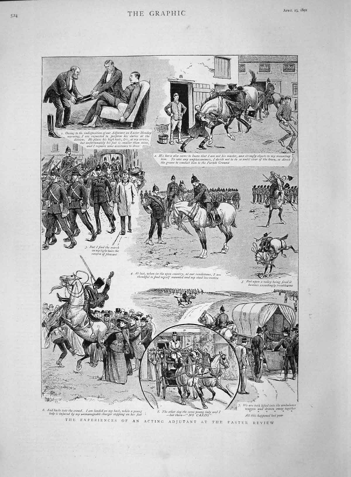 Original Old Antique Print 1892 Easter Review Siers War Horses Coach Victorian