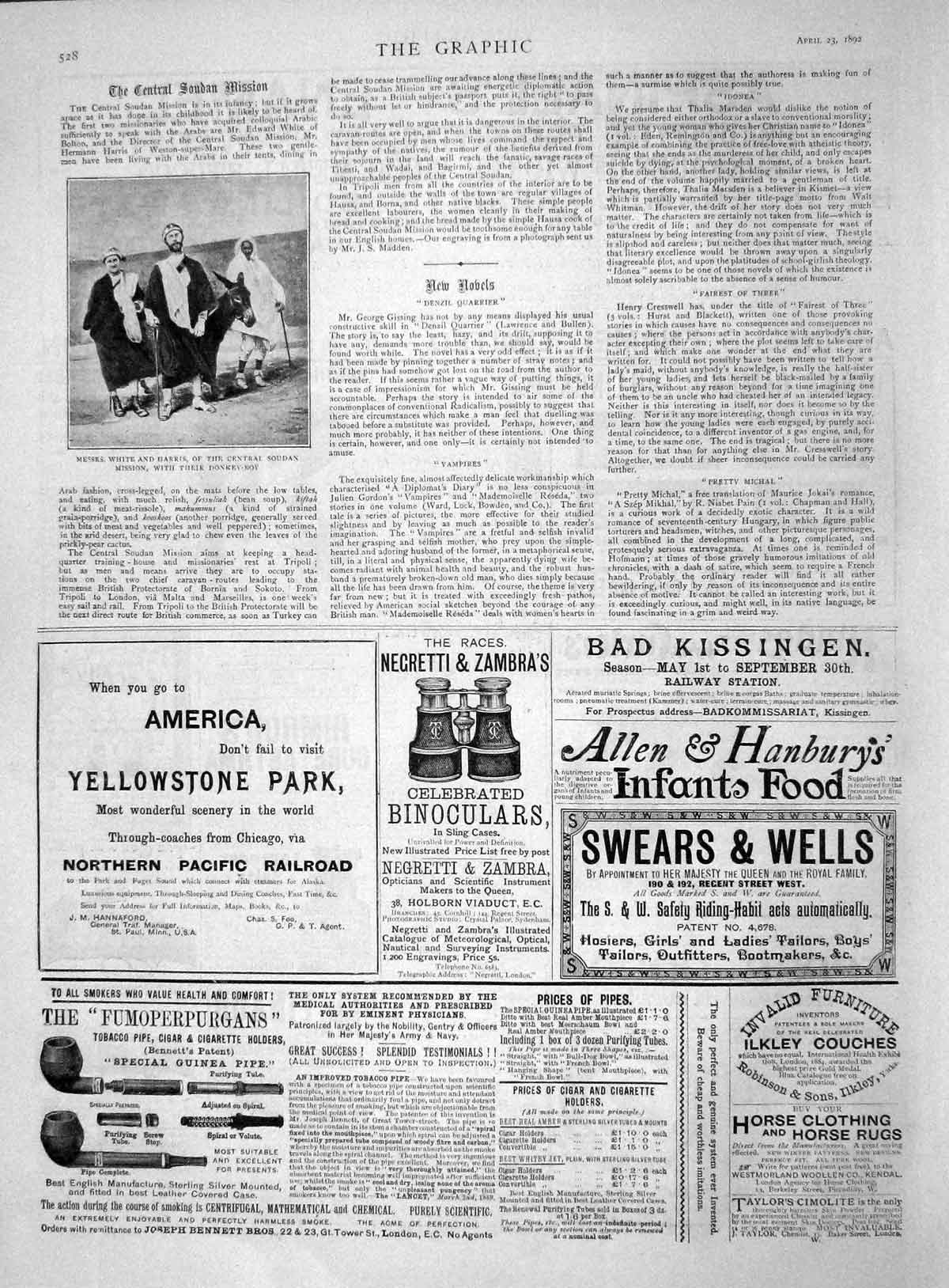 Original Old Antique Print 1892 White Harris Soudan Binoculars Yellowstone Park
