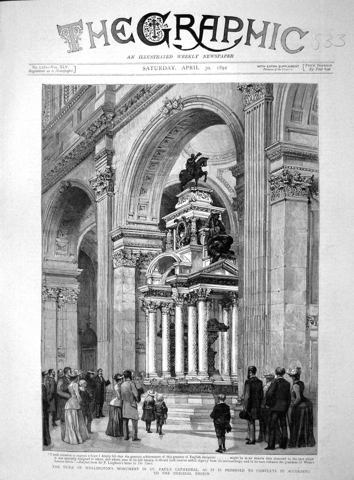 Old Antique Print 1892 Duke Wellington Monument Paul'S Cathedral Fine Art 19th