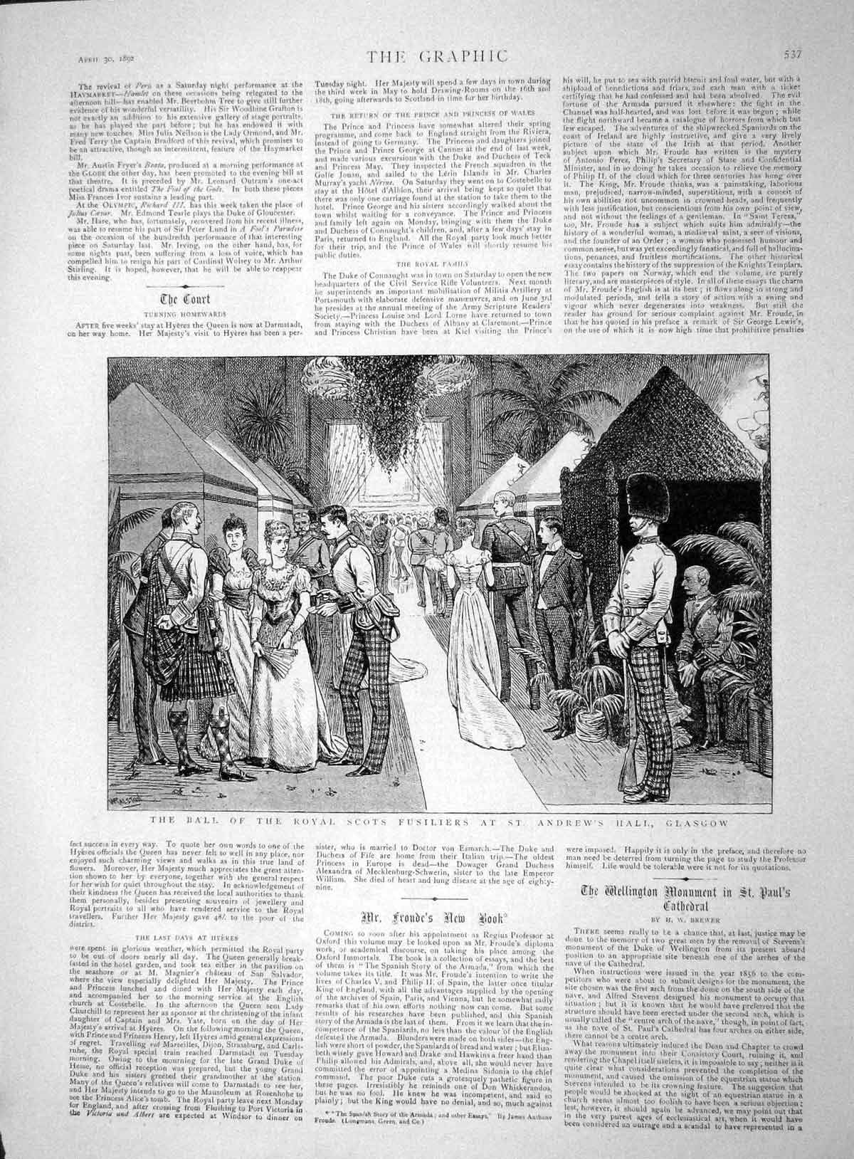 Old Antique Print 1892 Ball Royal Scots Fusiliers Andrew'S Hall Glasgow 19th