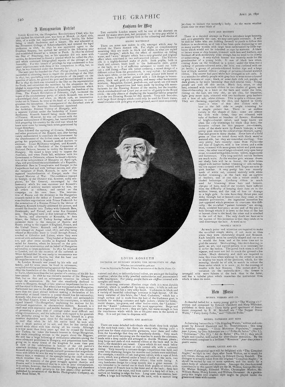 Original Old Antique Print 1892 Portrait Louis Kossuth Dictator Hungary 19th